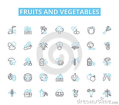 Fruits and vegetables linear icons set. Apples, Oranges, Bananas, Kiwis, Grapes, Pears, Pineapple line vector and Vector Illustration