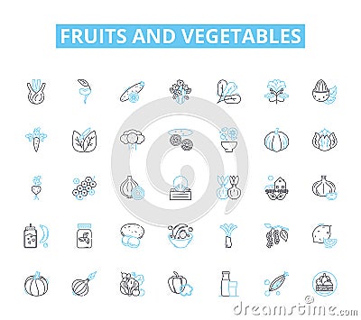 Fruits and vegetables linear icons set. Apples, Oranges, Bananas, Kiwis, Grapes, Pears, Pineapple line vector and Vector Illustration
