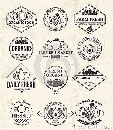 Fruits and Vegetables Logos, Labels and Design Elements Vector Illustration