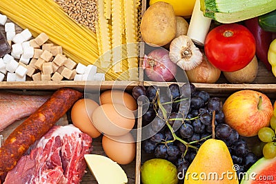 Fruits, vegetables, meat, fish and pasta Stock Photo