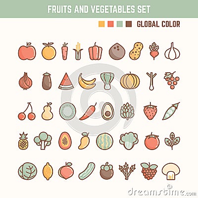 Fruits and vegetables outline icon set Vector Illustration