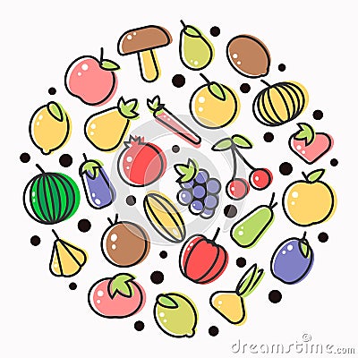 Fruits and vegetables poster of flat outline veggie and berry icons Vector Illustration