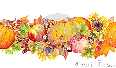 Fruits and vegetables - pumpkin, apples, berries, nuts with autumn leaves. Thanksgiving seamless border frame Stock Photo