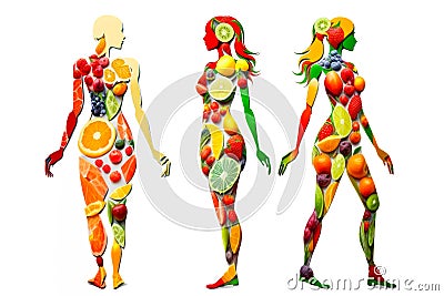 Fruits and vegetables in the shape of woman body, food concept. Ai generated Stock Photo