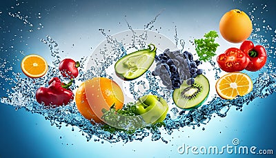 fruits and vegetables in swirling water suitable for background Stock Photo