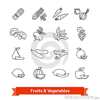 Fruits and Vegetables thin line art icons set Vector Illustration