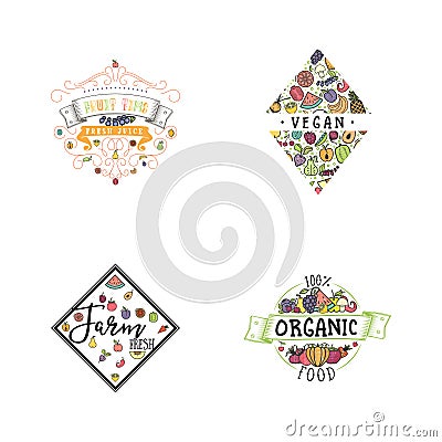 Fruits and vegetables, vegetarian banner set, isolated color vector icons. Vector Illustration