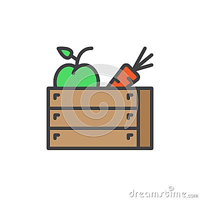 Fruits and vegetables wooden box filled outline icon, line vector sign, linear colorful pictogram. Vector Illustration