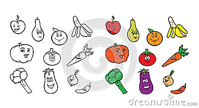 Fruits veggies coloring book Vector Illustration