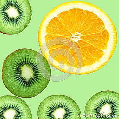 Fruity background set of slices of orange fruit and kiwi Stock Photo