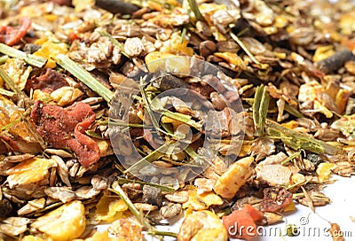 Fruity natural sportive muesli background. for horse. close up Stock Photo