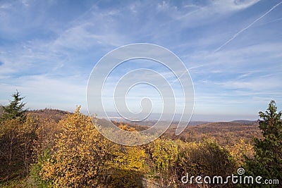 Panorama of Fruska gora mountains, from a top of a hill, with mounts covered with trees wih yellow leaves, typical from Autumn. Stock Photo