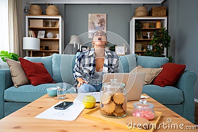 Frustrated angry business woman using laptop computer getting problems, software mistakes, wrong app work, system errors, Stock Photo
