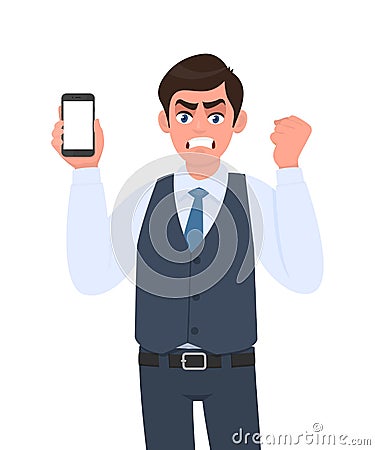 Frustrated angry man in vest suit showing mobile, cell or smartphone and making raised arm fist. Furious person gesturing hand. Vector Illustration