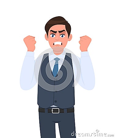 Frustrated, angry young businessman raised his hand fists shout/screaming. Crazy, negative, bad facial expressions. Male character Vector Illustration