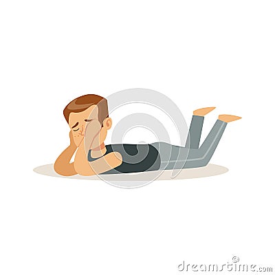 Frustrated boy character lying on his stomach on the floor vector Illustration Vector Illustration