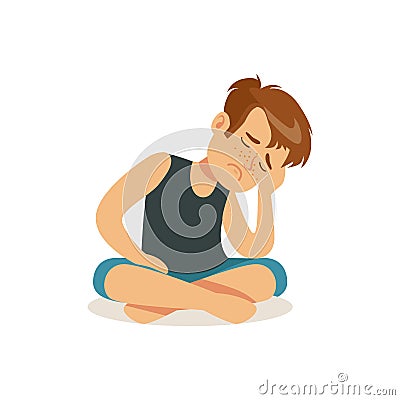 Frustrated boy sitting on the floor in lotus position character vector Illustration Vector Illustration