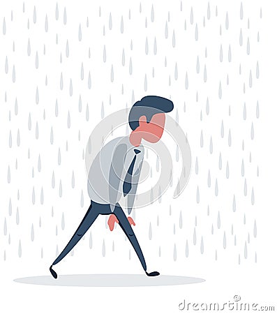 Frustrated businessman or clerk man walking with rain over his head. Vector Illustration