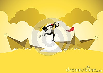 Frustrated businessman jump to escape from sinking ship Vector Illustration