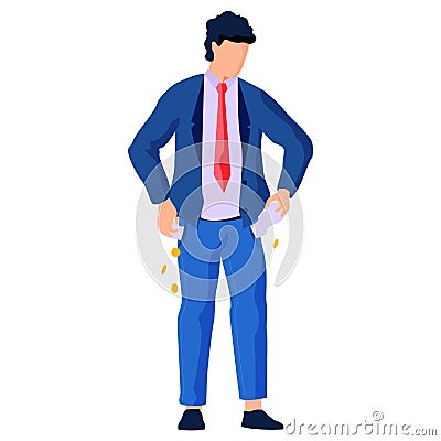 Frustrated businessman turning out empty pockets. Financial troubles. No money. Bankruptcy, poverty Vector Illustration