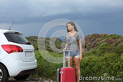 Frustrated car driver waiting for assistance after breakdown Stock Photo