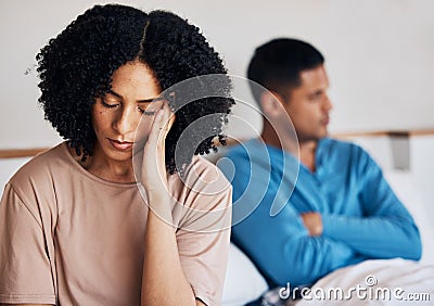 Frustrated couple, fight and headache in conflict, divorce or argument from disagreement or dispute at home. Upset woman Stock Photo