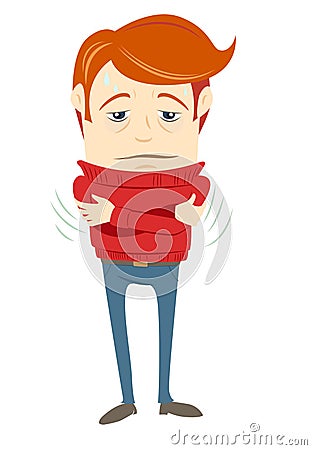 Frustrated hipster character trembling with fever wearing sweater. Flat style Vector Illustration