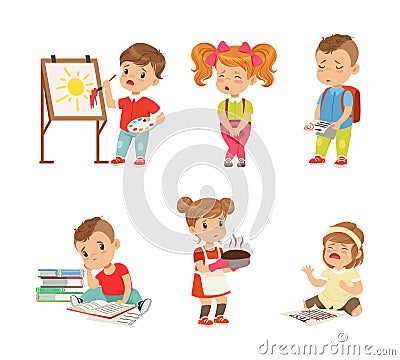 Frustrated Kids Experiencing Their Failures and Mistakes Vector Set Stock Photo