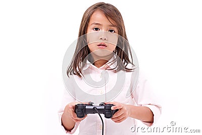Frustrated little girl gamer experiencing game over Stock Photo