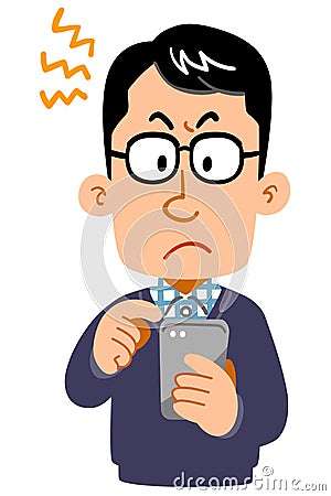 Frustrated look of a man wearing glasses operating a smartphone Vector Illustration