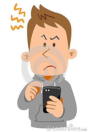 Frustrated look of a young man operating a smartphone Vector Illustration