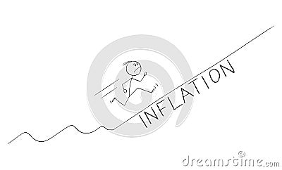 Frustrated Man or Businessman Running Uphill Rising Inflation Graph, Vector Cartoon Stick Figure Illustration Vector Illustration