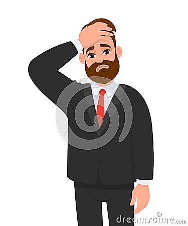 Frustrated man holding hand on head. Unhappy person squeezing forehead. Headache or migraine. Male character design illustration. Vector Illustration