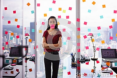 Frustrated Office Worker With Sad Emoticon On Mouth Stock Photo