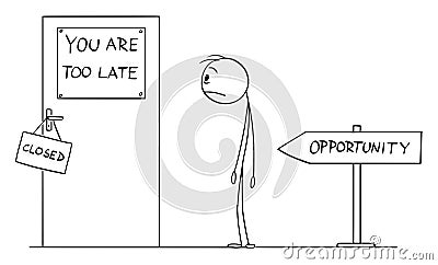Frustrated Person Watching Opportunity Door Closed, Going too Late , Vector Cartoon Stick Figure Illustration Vector Illustration