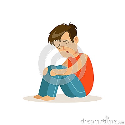 Frustrated sad boy character sitting on the floor vector Illustration Vector Illustration