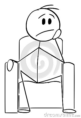 Frustrated or Sad Person Sitting in Chair and Thinking, Vector Cartoon Stick Figure Illustration Vector Illustration