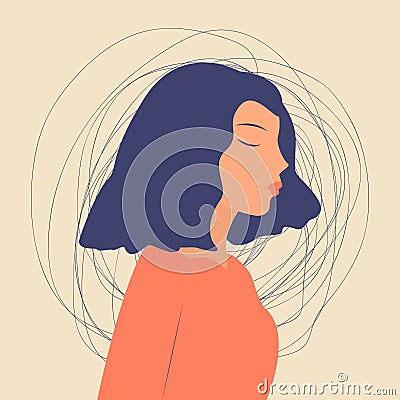 Frustrated sad Young cute woman with a tangle of thoughts in a state of depression, confused situation with Mental disorder. Vector Illustration