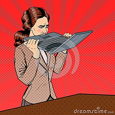 Frustrated Stressed Business Woman Biting Laptop in Office. Pop Art Vector Illustration