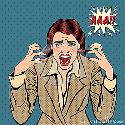 Frustrated Stressed Business Woman Screaming. Pop Art Vector Illustration