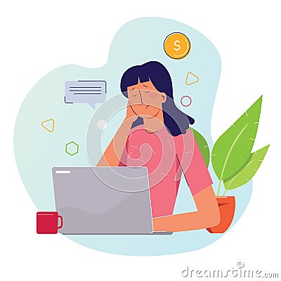 Frustrated stressed paying high bills online on laptop with credit card and money coin. Vector Illustration