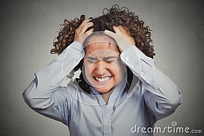 Frustrated stressed young woman having headache bad day Stock Photo