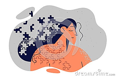 Frustrated woman with body and hair made of flying puzzles symbolizes personality-destroying stress Vector Illustration
