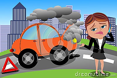 Frustrated Woman Broken Car Vector Illustration