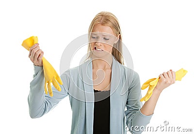 Frustrated woman in despair before cleaning Stock Photo