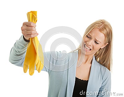 Frustrated woman in despair before cleaning Stock Photo