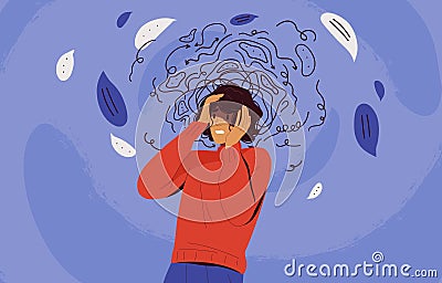 Frustrated woman with nervous problem feel anxiety and confusion of thoughts vector flat illustration. Mental disorder Vector Illustration