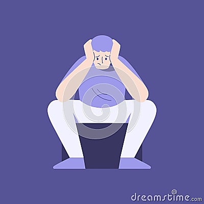 Frustrated worried man sits and holds his head. Character is anxious. Depression, fear. Young unhappy, sad male Vector Illustration