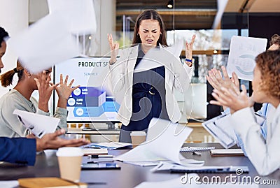 Frustration, argument and business people fighting in meeting while throwing papers with anger. Stress, upset and female Stock Photo