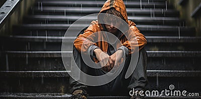 Health urban city problem frustration sad worried rain teenage alone depressed loneliness sitting young caucasian Stock Photo